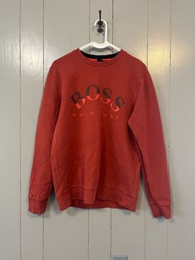 HUGO BOSS Red Orange Graphic Print Crew Neck Pullover Sweatshirt M Logo Designer